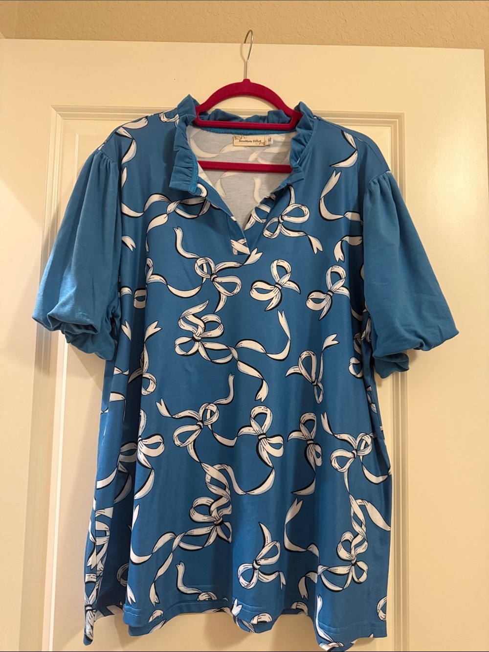 Southern Stitch Blue Ribbon-Print Ruffle Collar Polo Blouse